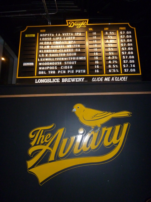 A huge yellow on black Aviary sign, and a list of current beers on tap