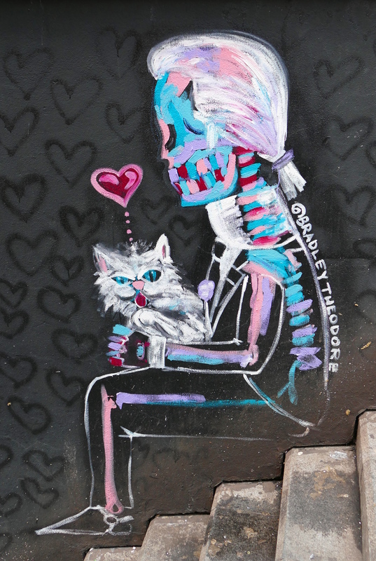 Bizarrely skeletal and colourful graffiti, with cat in its lap