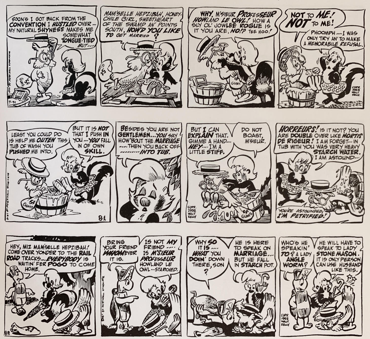 Three strips, showing Howland's misguided efforts to woo Hepzibah