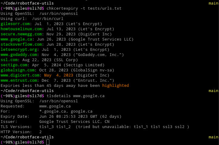 Output of chkcertexpiry checking multiple FQDNs and tlsdetails checking www.google.ca