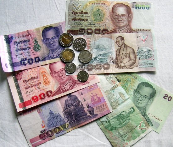 Thai currency, bills and coins