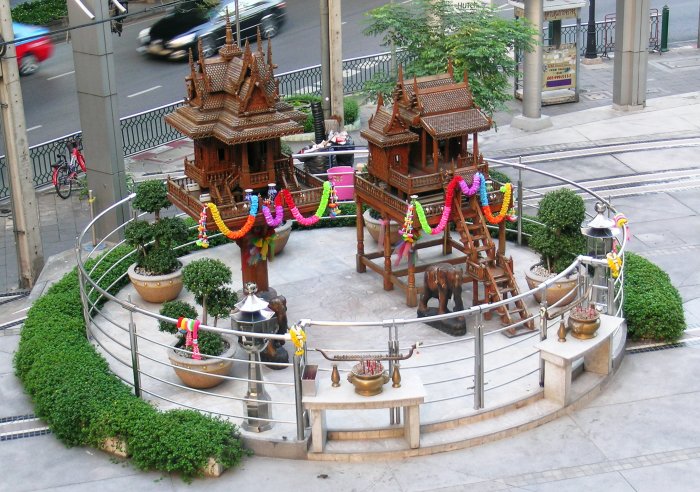 A pair of large spirit houses outside the Siam Discovery Mall