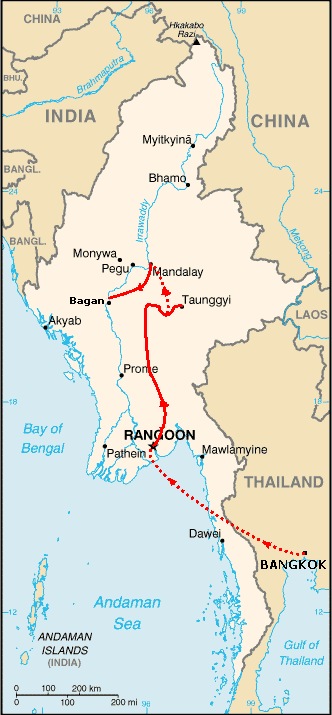 Map of Myanmar with my route drawn on in red