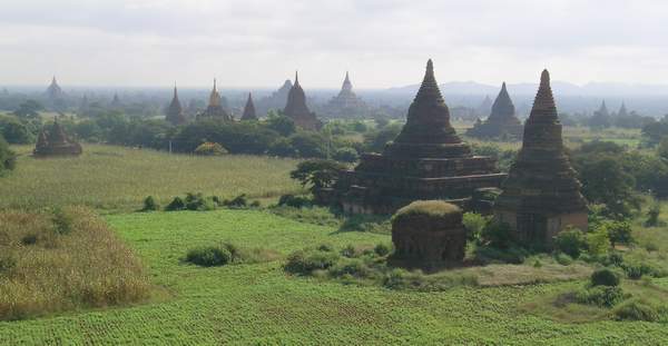 Stupas out to the hazy horizon, among fields and low shrub at Bagan.