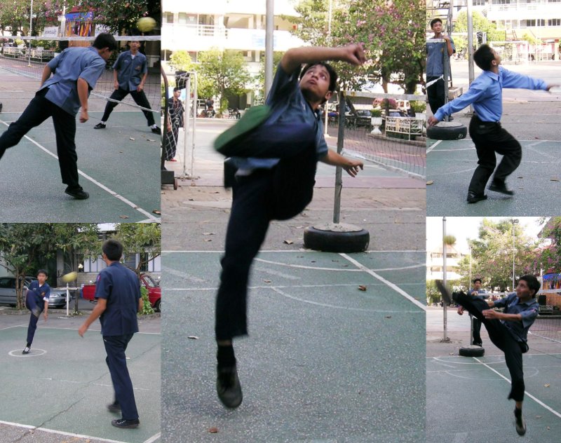 Five photos together of people playing Sepak Takraw in Chiang Mai, Thailand.