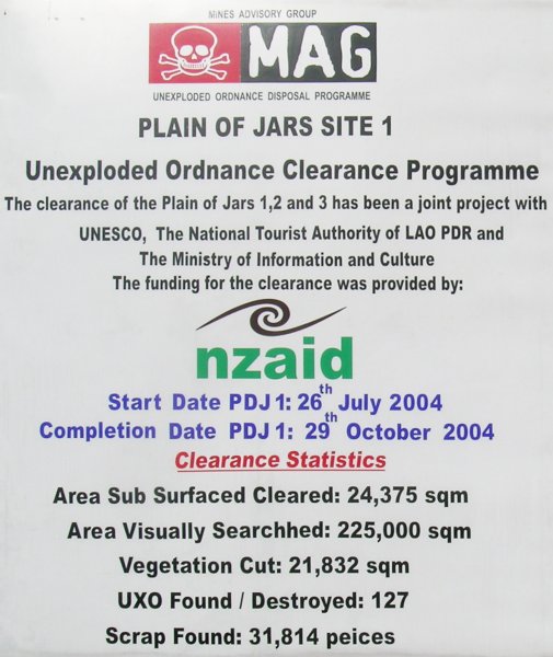 "Unexploded Ordnance Clearance Programme" signage: essentially "follow the marked path at the Plain of Jars or be exploded."