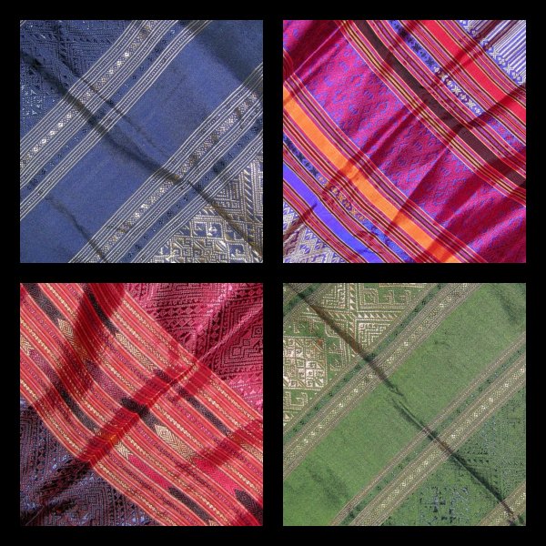 Four colourful woven fabrics, two silk, two silk-cotton.