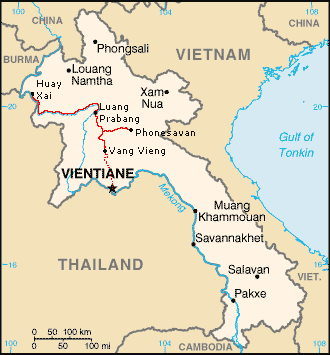 Map of Laos, with my route from Huay Xai down the Mekong to Luang Prabang, with a detour to Phonesavan on the way to Vientiane.