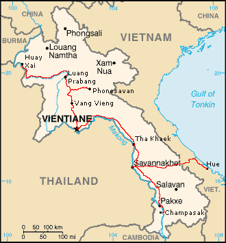 Map of Laos with my full path across the country, including the exit from Savannakhet to Hue, Vietnam.
