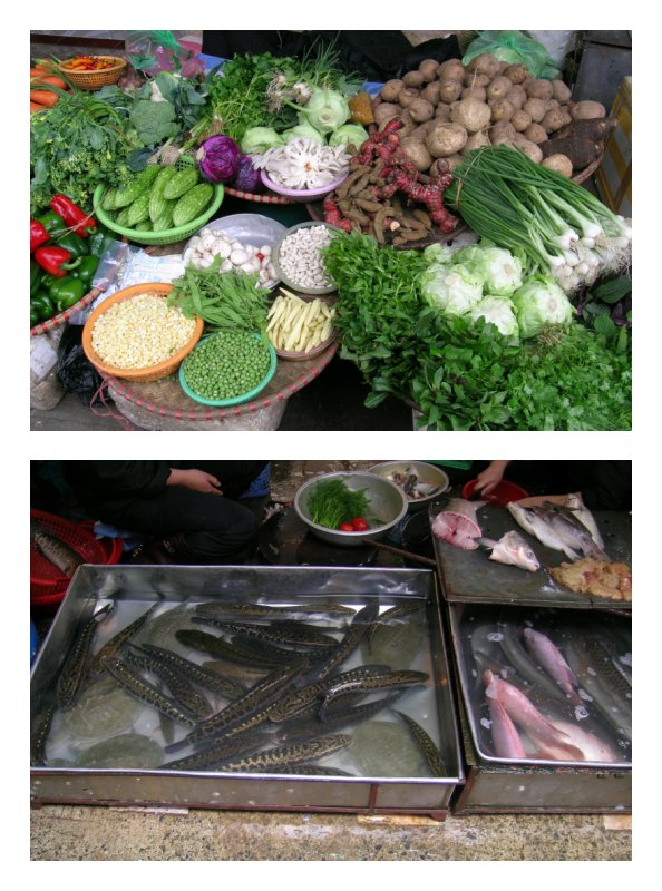 Vegetables and fish for sale