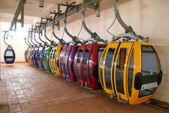 Colourful cable cars in their barn