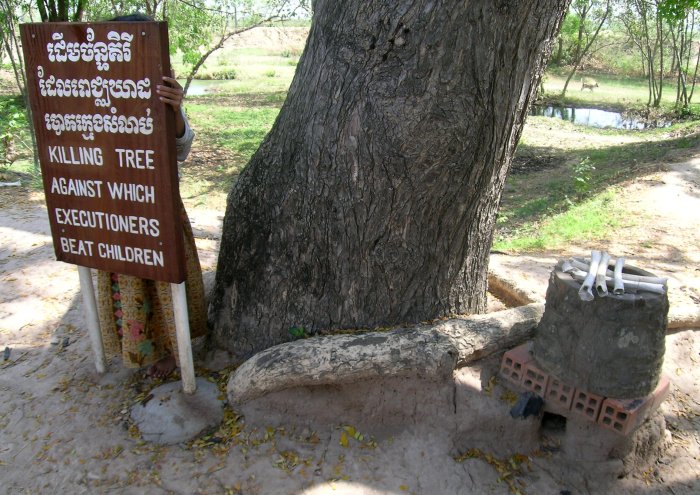The killing tree with a sign that a young girl is hiding behind