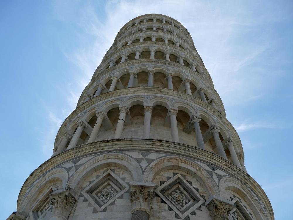 The Leaning Tower of Pisa, looking almost straight up.