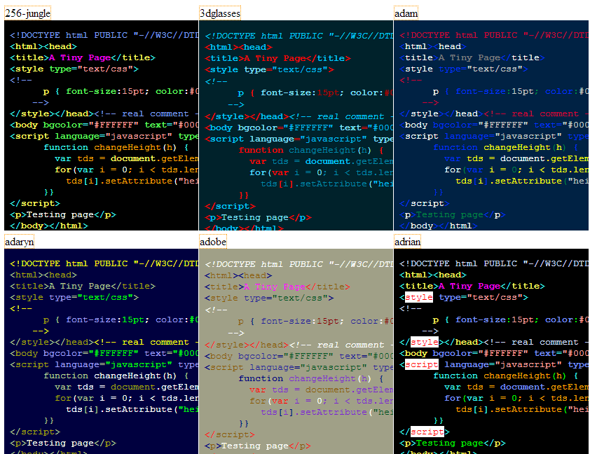 web page that shows multiple vim colour schemes side-by-side for the same piece of code (choice of several languages)